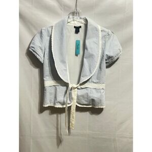 NWT Persaman New York Seersucker Lace Trim Tie Front Blouse Blue White Stripe M